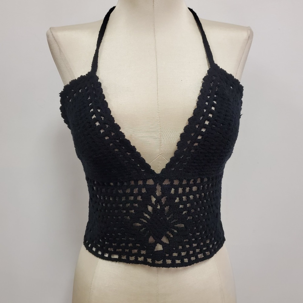 Womens Open Knit‎ Crochet Babydoll Cropped Halter Top Size S Fairy Grunge Boho